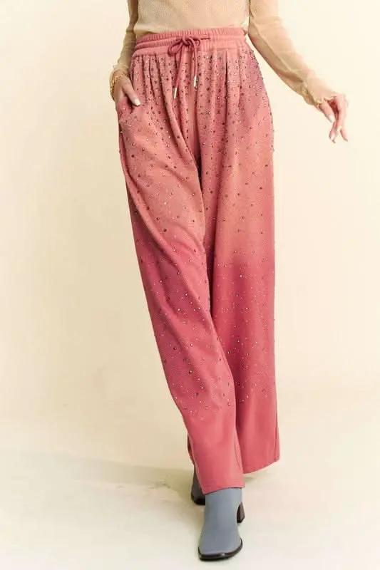 Glamorous Rhinestone-Embellished Wide Leg Pants with Adjustable Drawstring - Love Salve